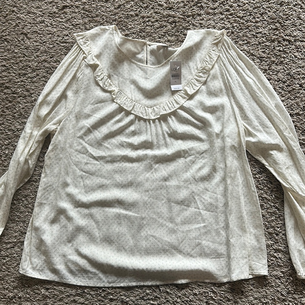 High Neck Ruffle top - cream w/ light blue pattern - LOFT NWT!